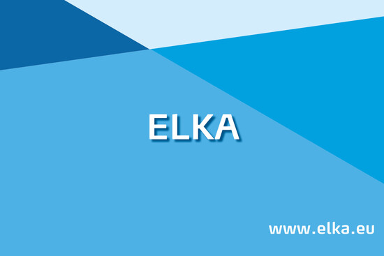 Weiße Schrift ELKA auf blauem Hintergrund